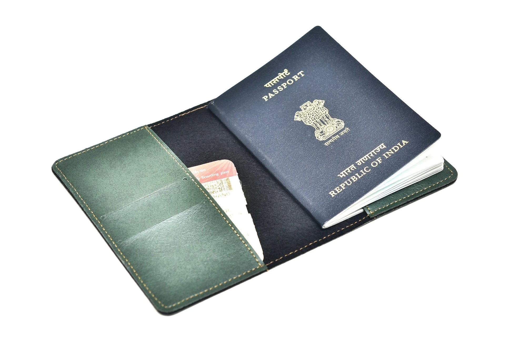 Inside or open view of green passport case for twinning