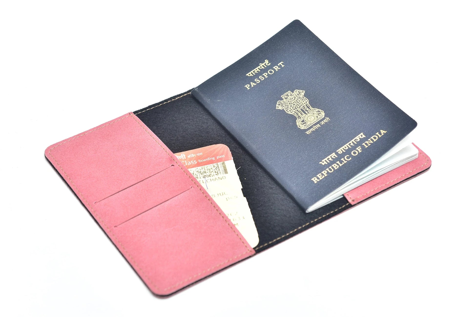 Inside or open view of peach passport cover