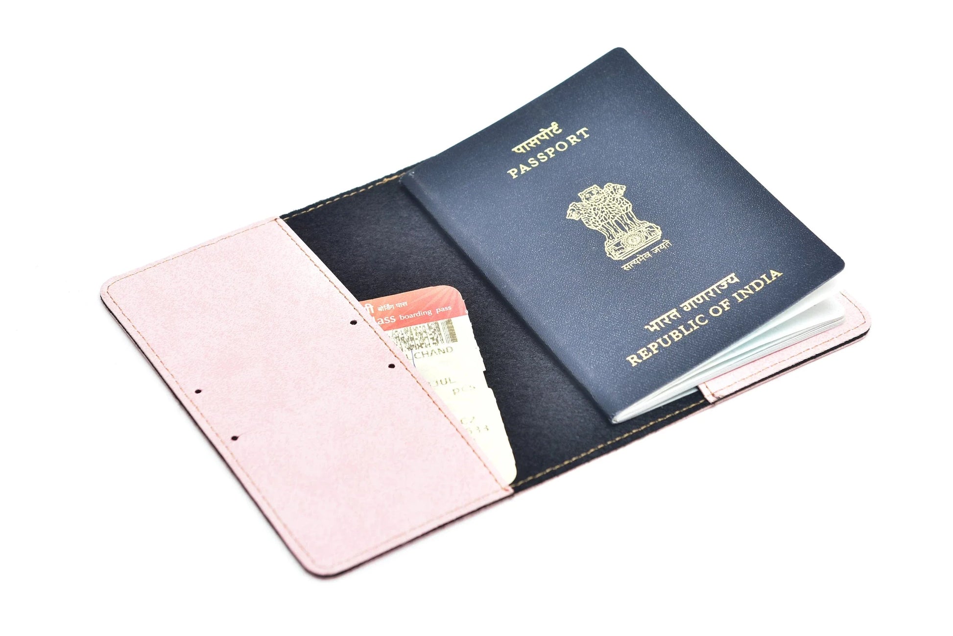Inside or open view of pink passport cover