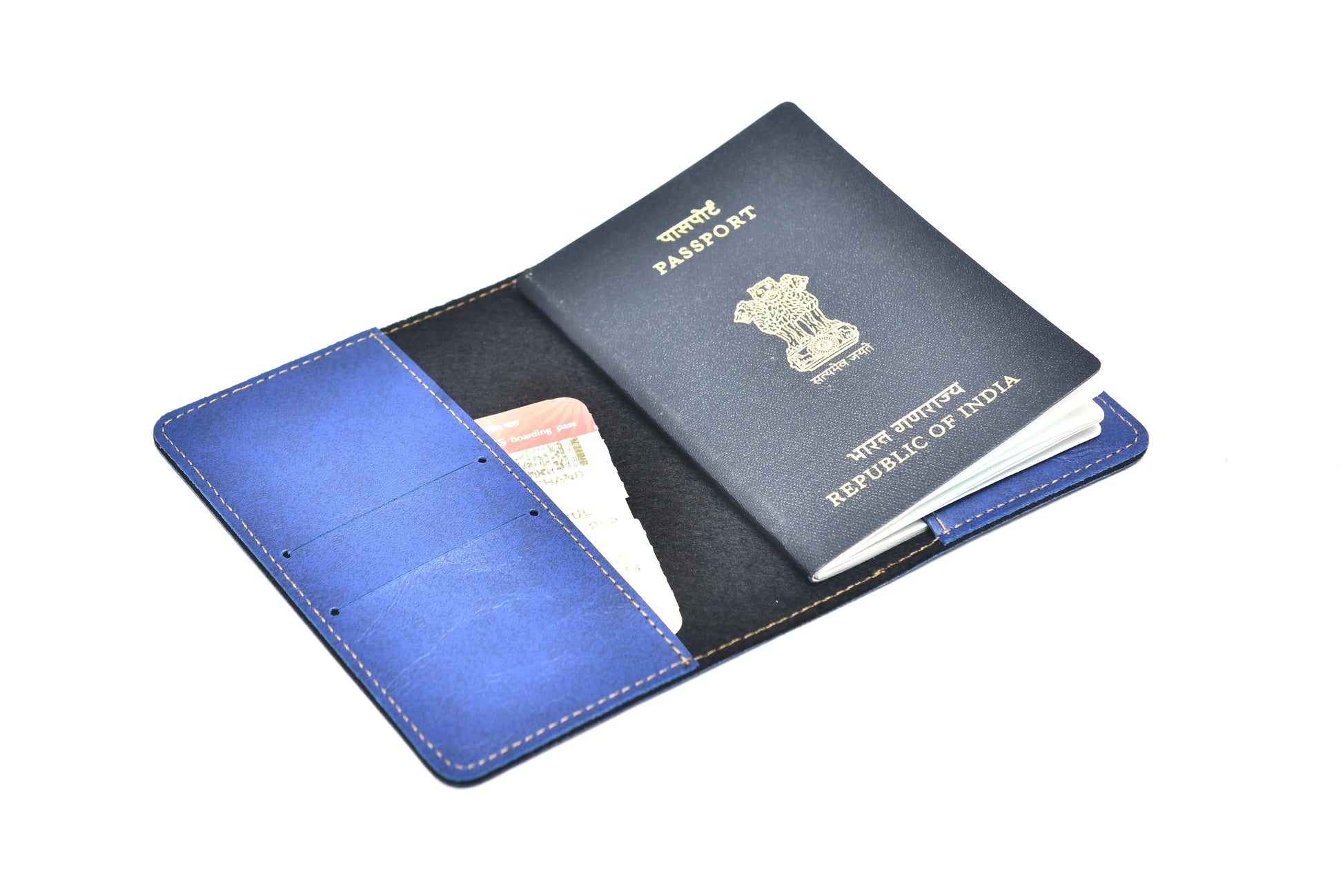 inside or open view of Classy Leather Customised Passport Cover with Charm- blue