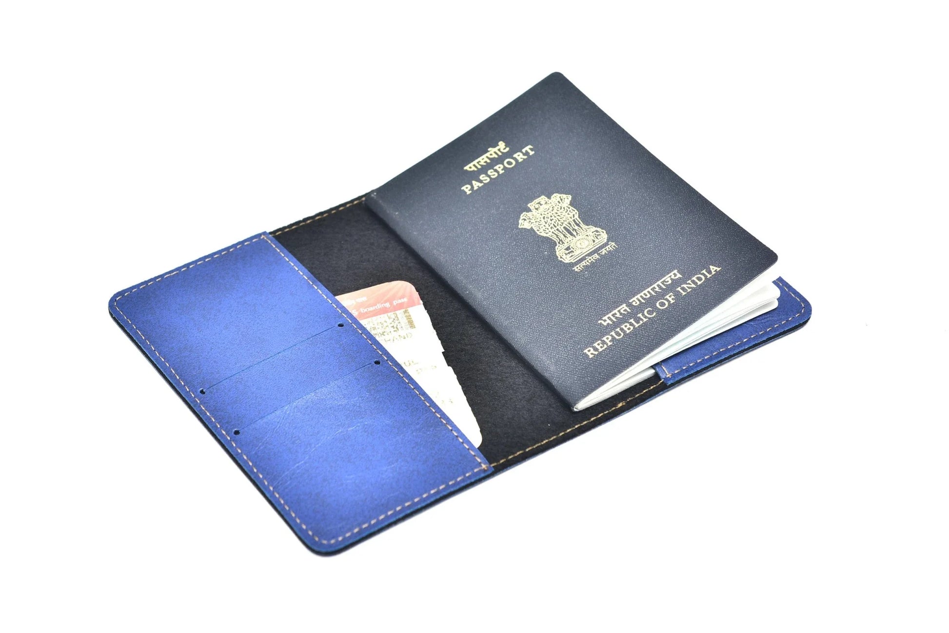 Inside or open view of royal blue passport case