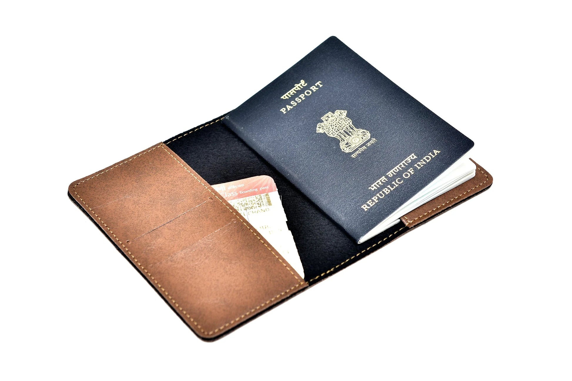 Inside or open view of tan passport case