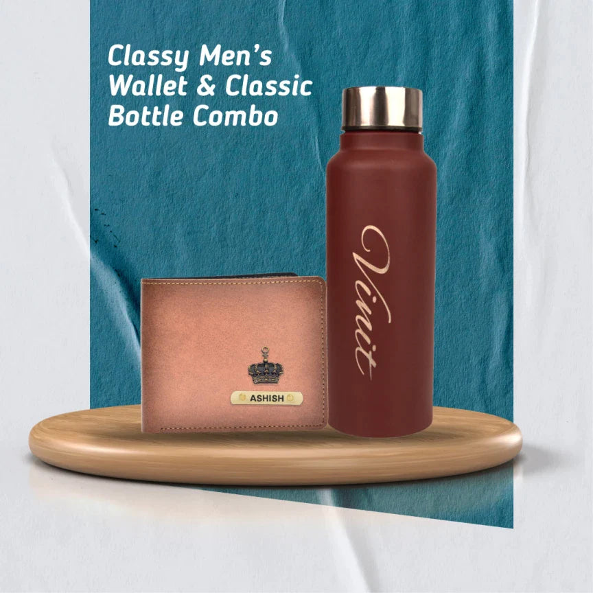 Personalized Men's wallet and water bottle combo