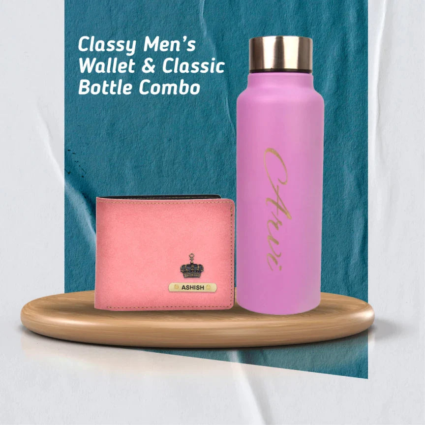 Personalized Men's wallet and water bottle combo