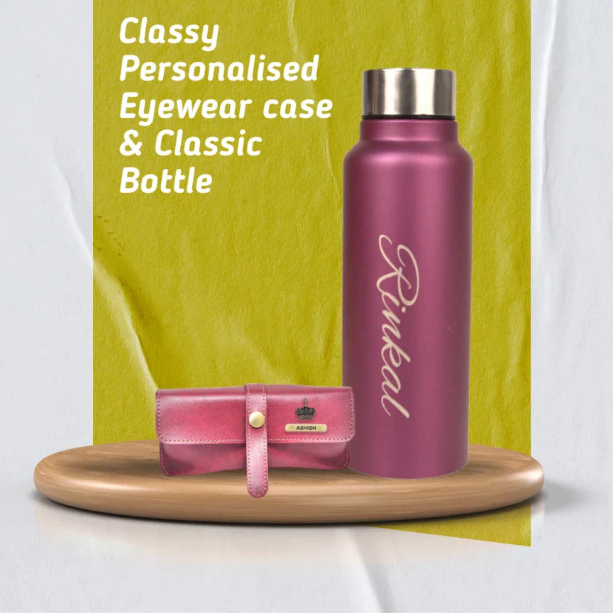 personalized classy leather eyewear case and classy water bottle