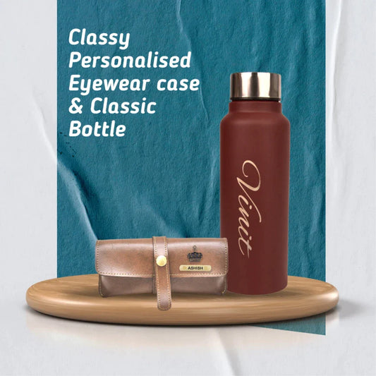 personalized classy leather eyewear case and classy water bottle