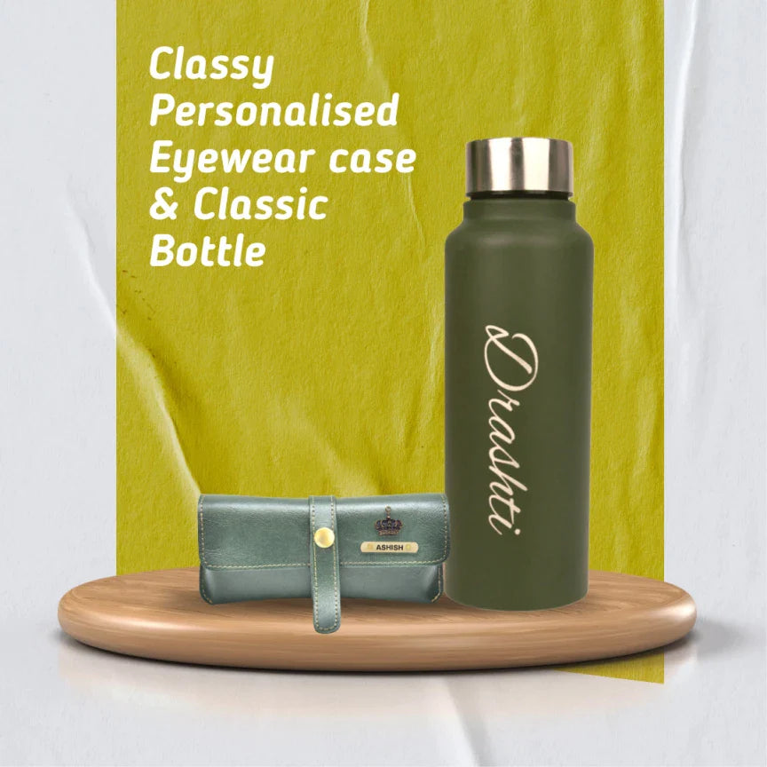 personalized classy leather eyewear case and classy water bottle