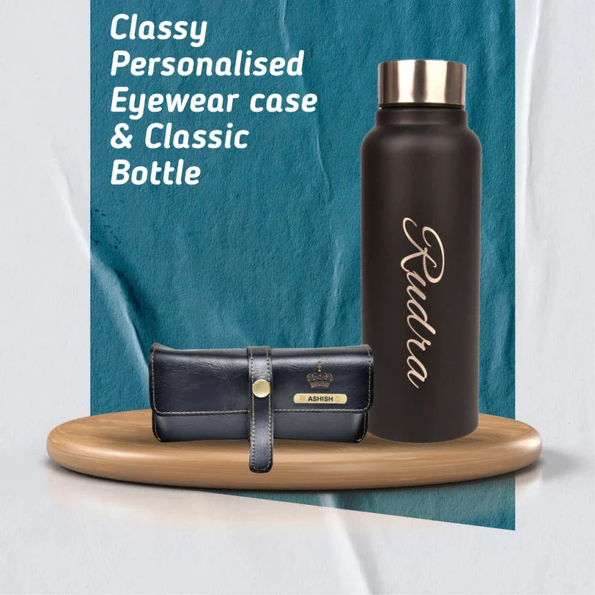 personalized classy leather eyewear case and classy water bottle