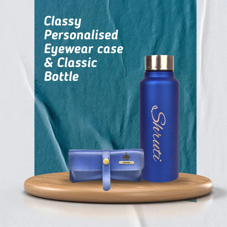 personalized classy leather eyewear case and classy water bottle