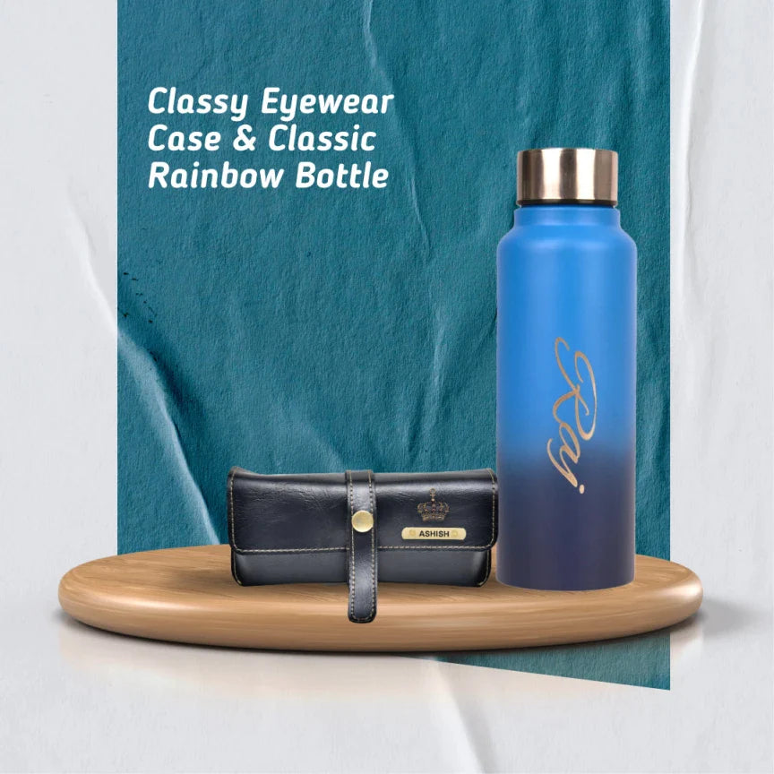 personalized perfect classy leather eyewear case and water bottle