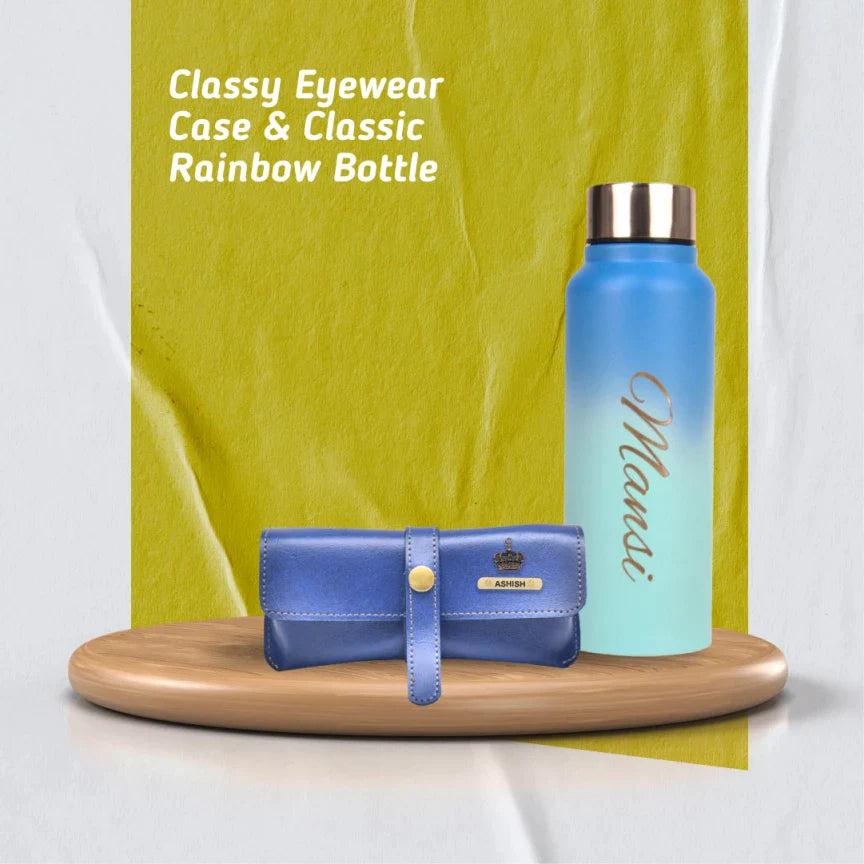 personalized perfect classy leather eyewear case and water bottle