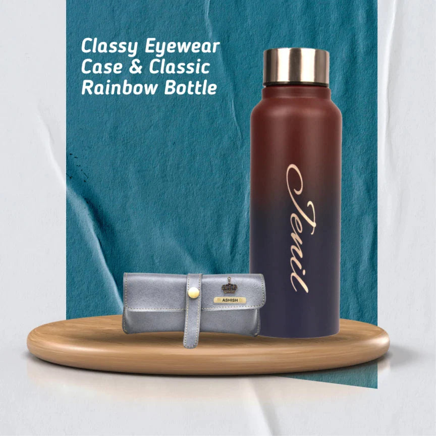 personalized perfect classy leather eyewear case and water bottle