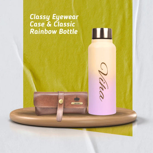 personalized perfect classy leather eyewear case and water bottle