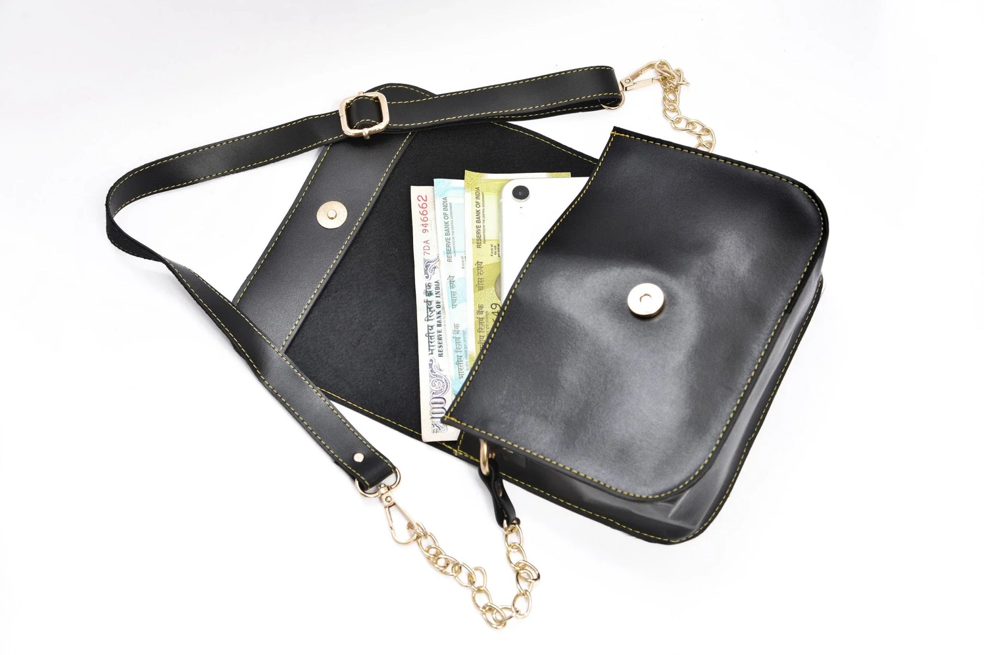 inside or open view of chained sling bag- black