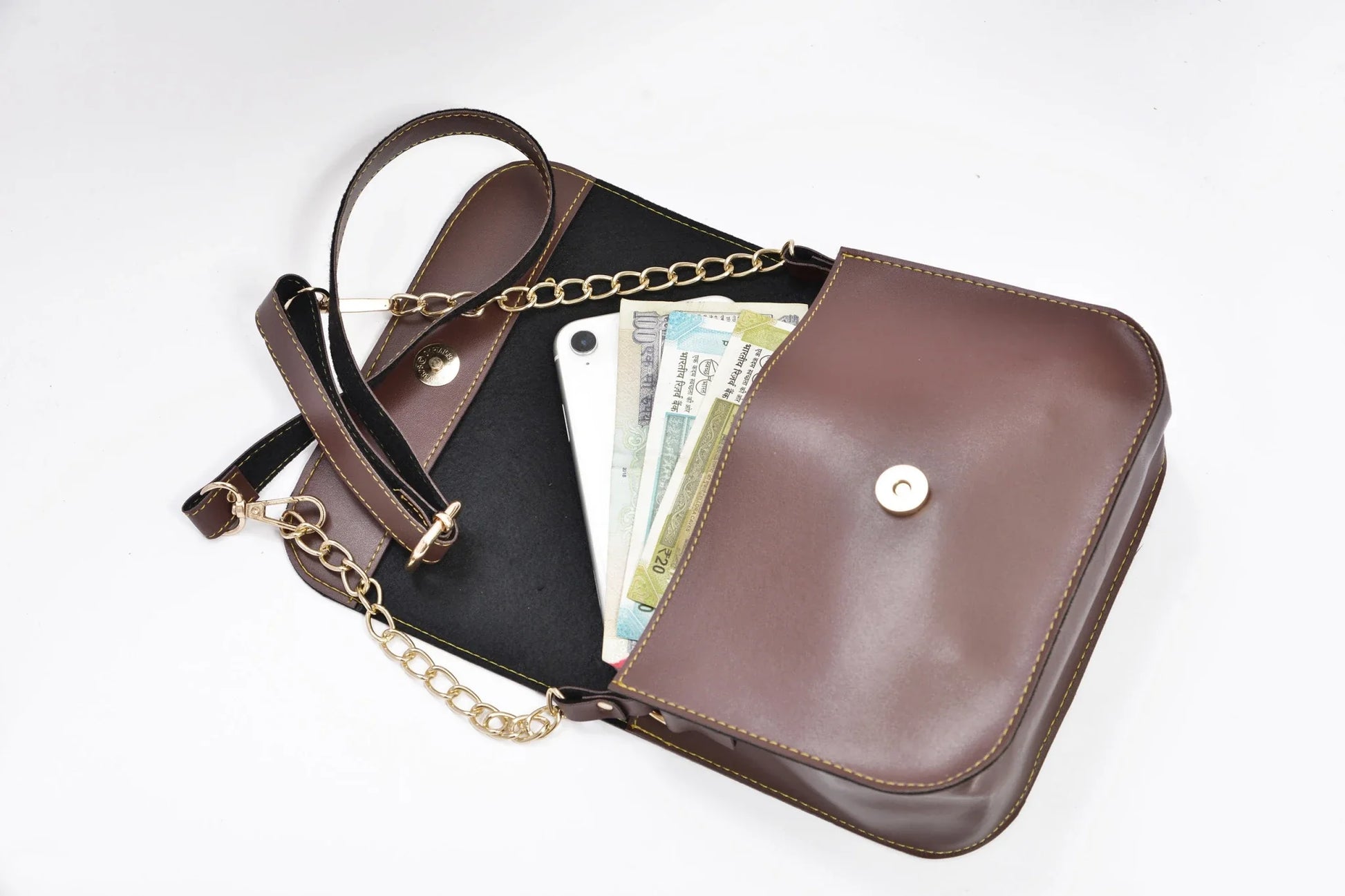 inside or open view of chained sling bag-brown
