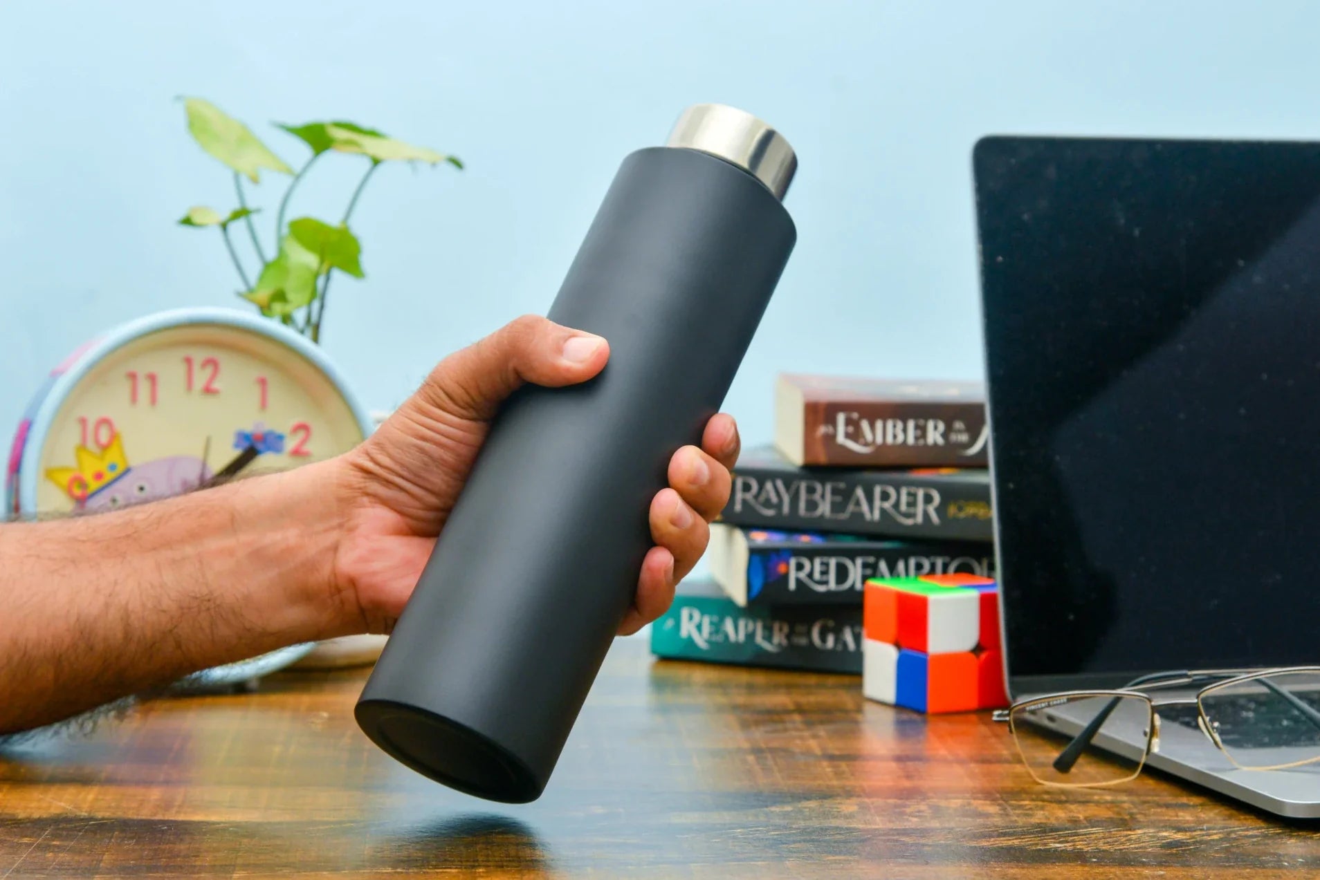 Side view of black personalized bottle