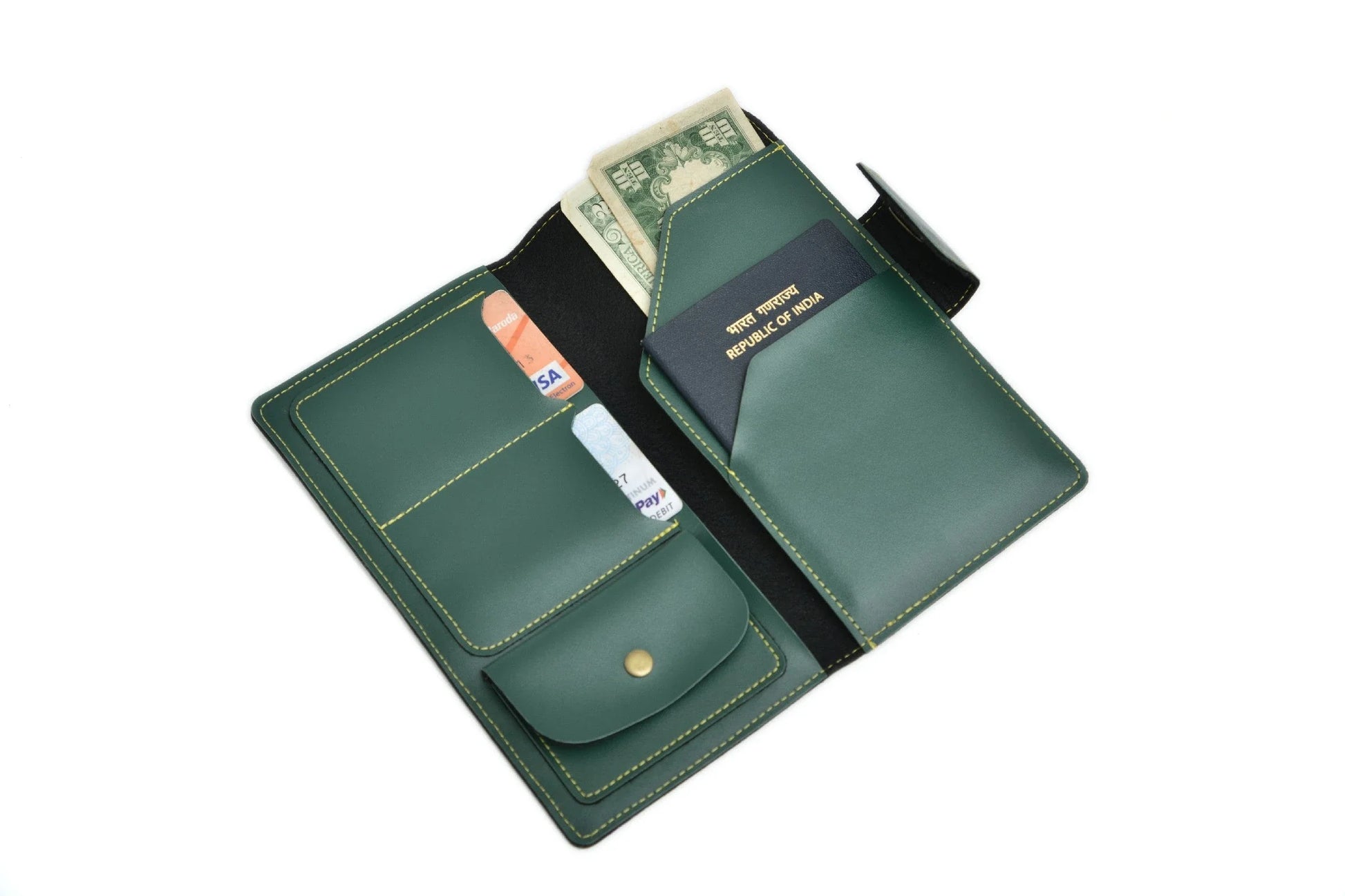 personalized-travel-wallet-olive-green-customized-best-gift-for-boyfriend-girlfriend. Inside/open view. Keep all your cards, currency notes, passport and important travel tools and must-haves in one place.