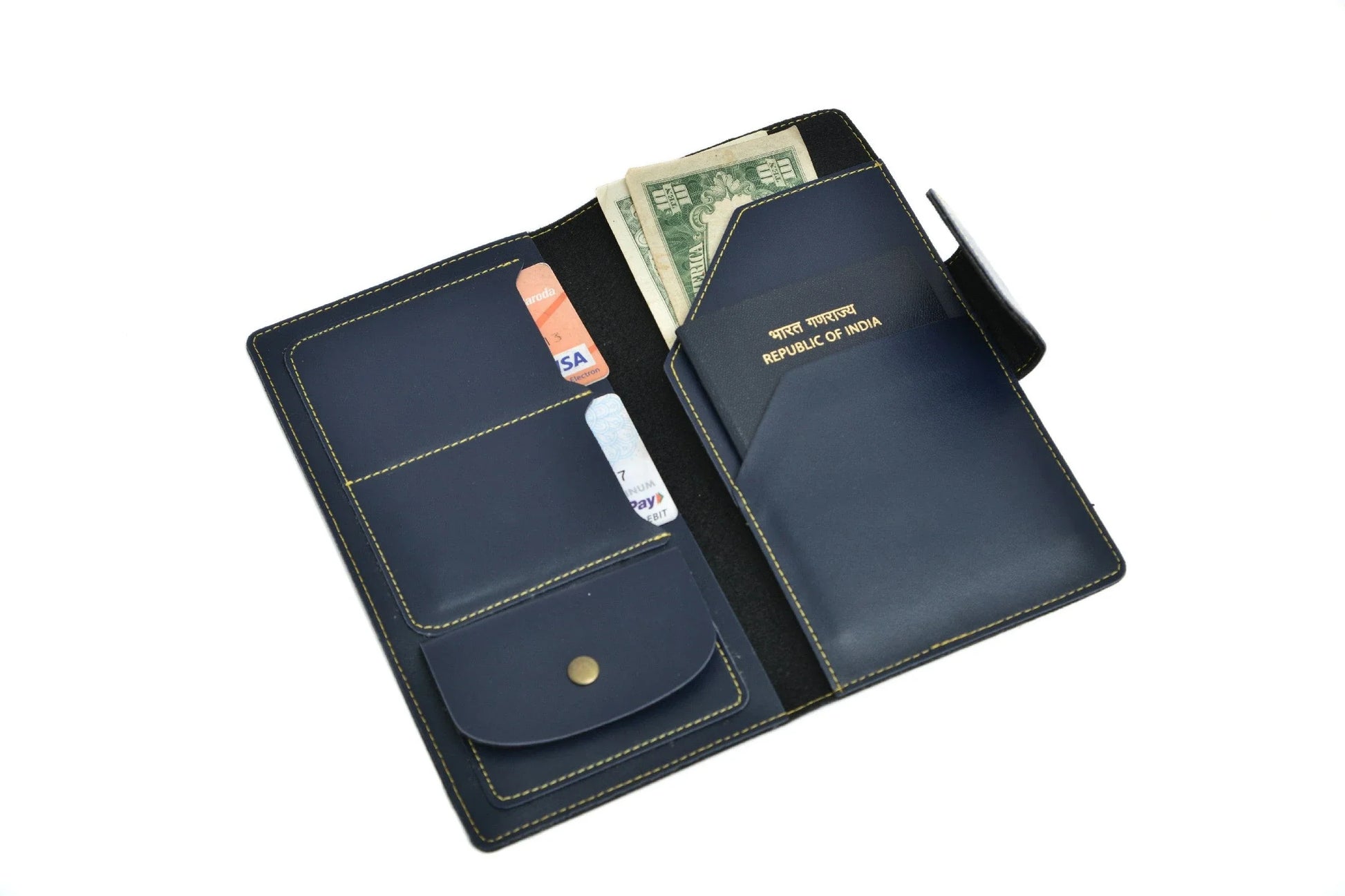 personalized-travel-wallet-royal-blue-customized-best-gift-for-boyfriend-girlfriend. Inside/ open view. This sleek, compact and spacious travel organiser fits in all travel tools, documents and accessories