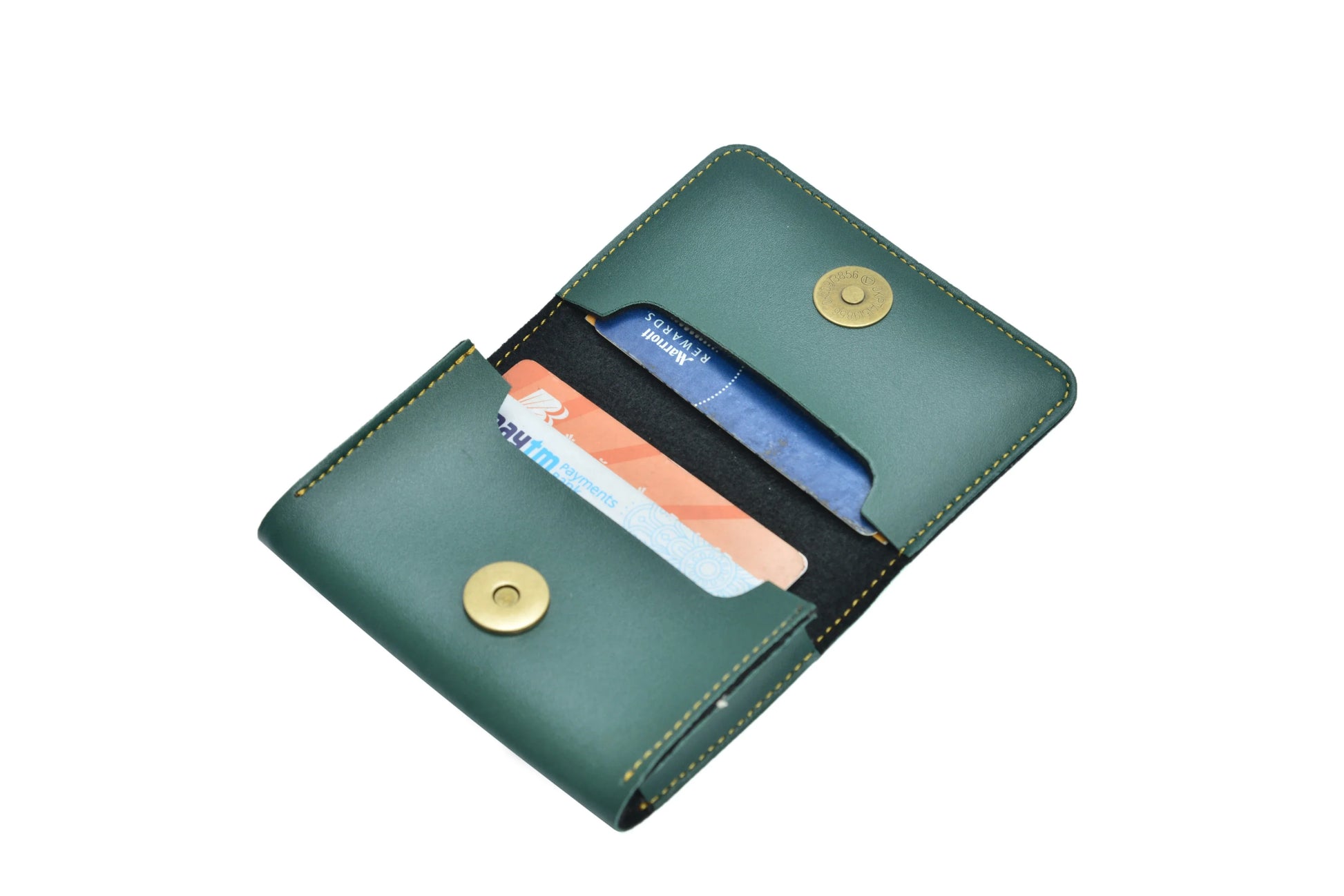 personalized-visiting-card-holder-faux-leather-olive-green-customized-best-gift-for-boyfriend-girlfriend. inside or open view of Personalized Business / Visitng Card Holder Vegan Leather -olive green