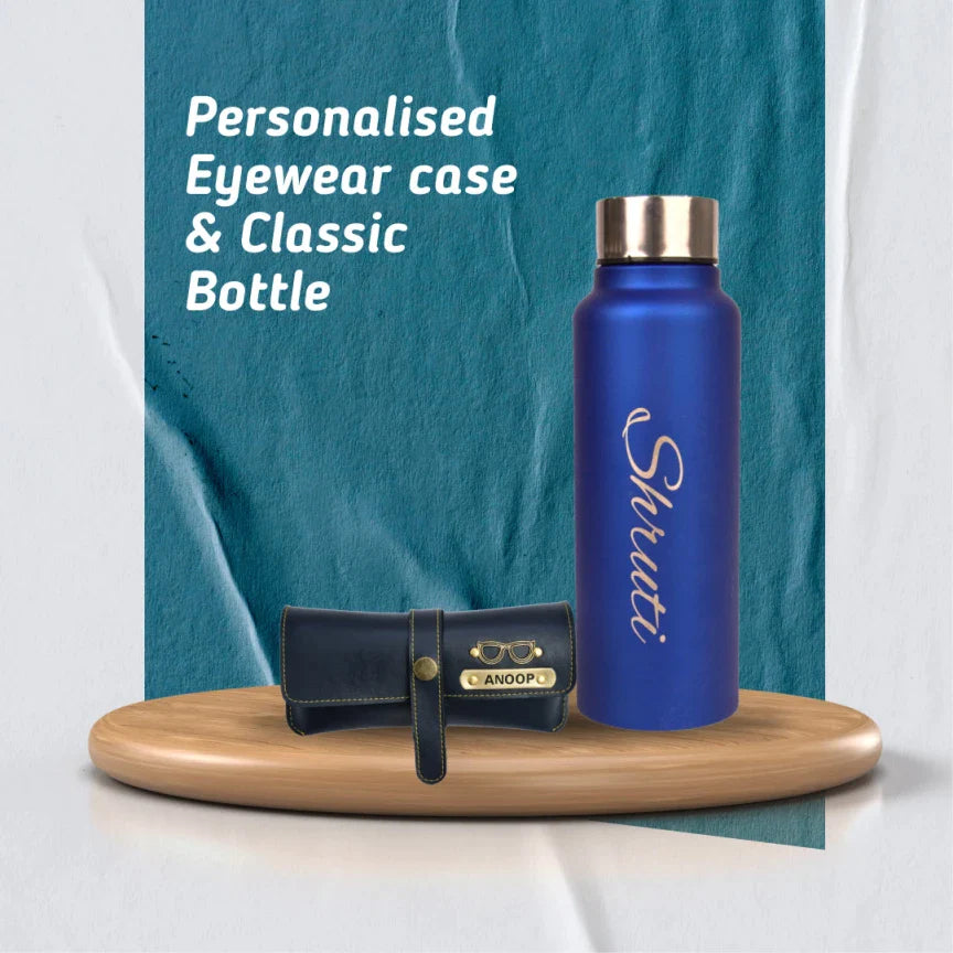 personalized vegan leather eyewear case and classy water bottle