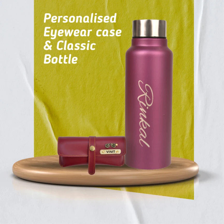 personalized vegan leather eyewear case and classy water bottle