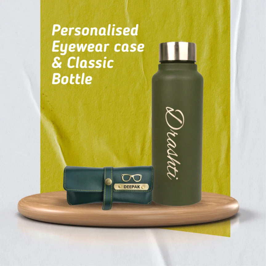 personalized vegan leather eyewear case and classy water bottle