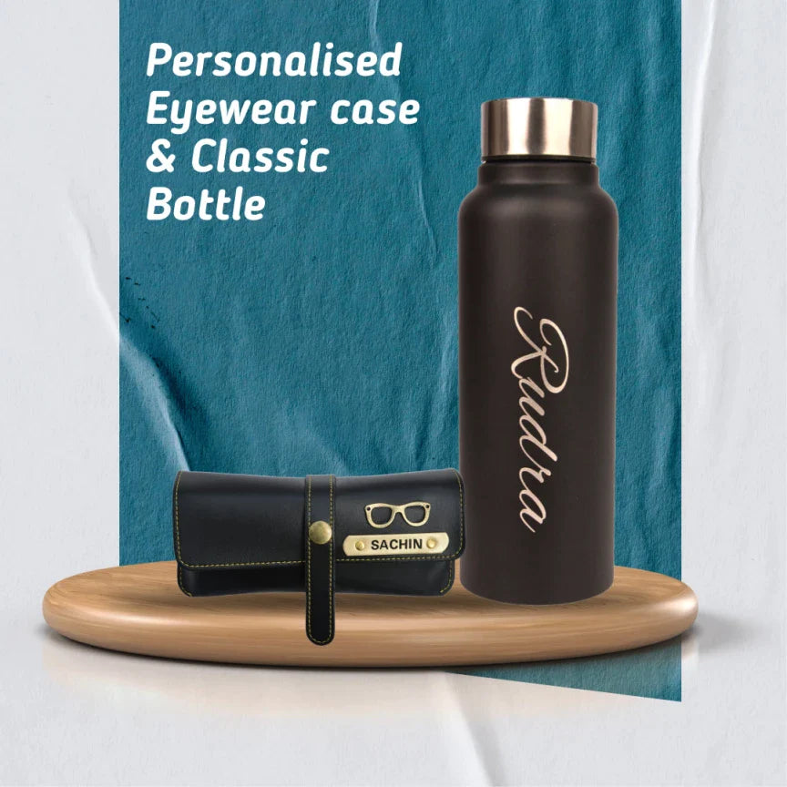 personalized vegan leather eyewear case and classy water bottle