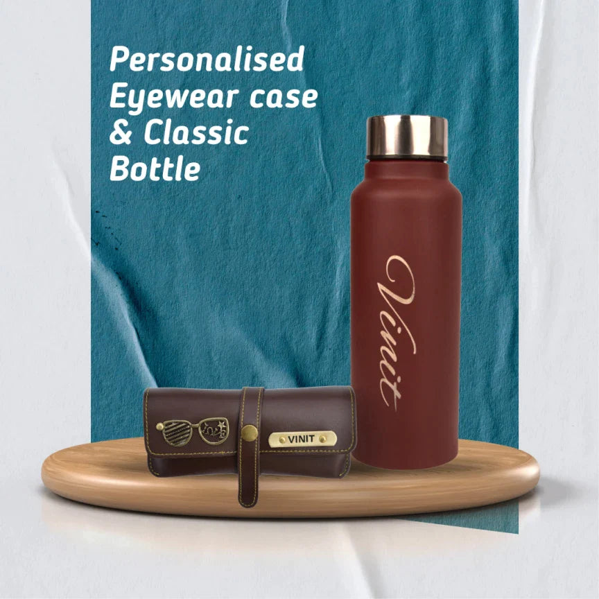 personalized vegan leather eyewear case and classy water bottle