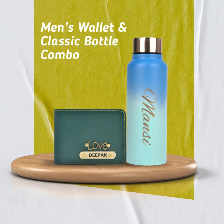 personalized men's wallet and water bottle combo