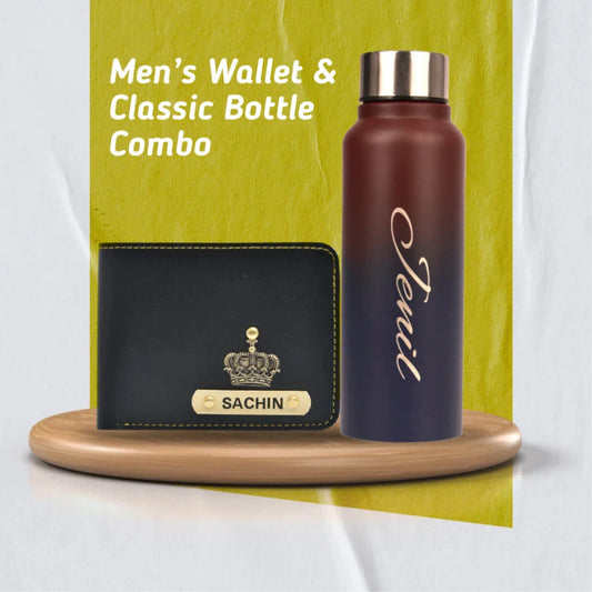 personalized men's wallet and water bottle combo